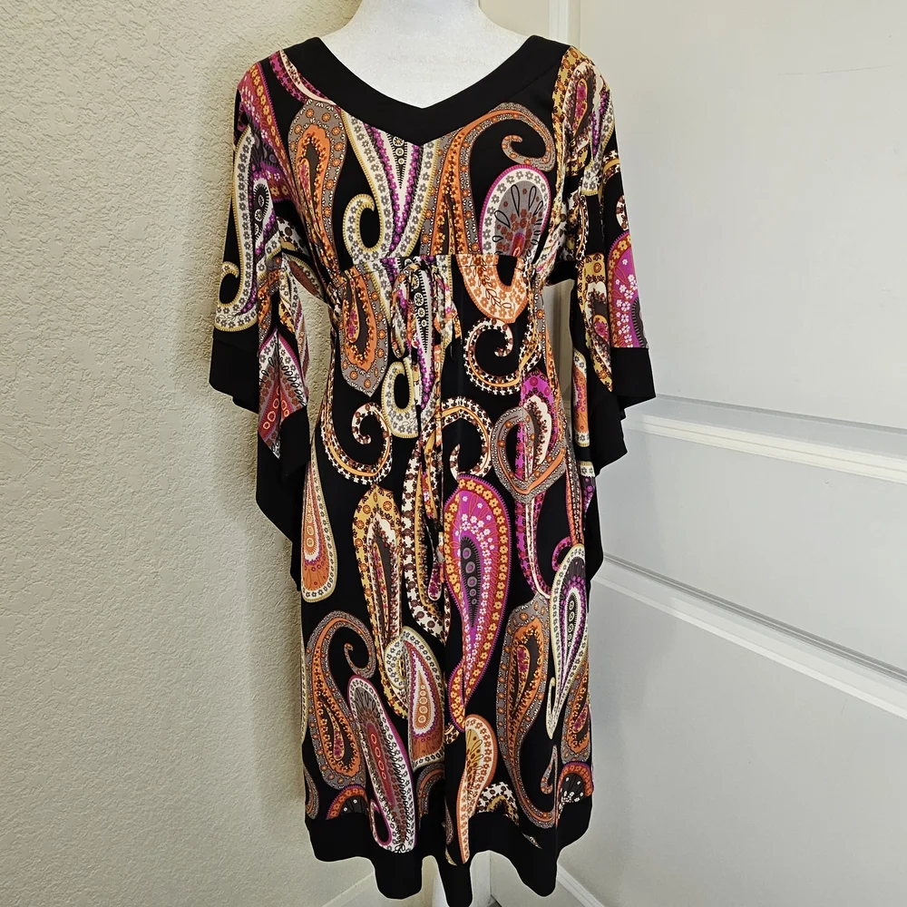 Ronnie Nicole Paisley Midi Dress with Empire Waist, Cascading Bell Sleeves Sz 10 - Picture 2 of 8